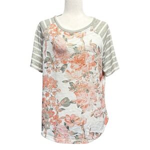 Tribal Lifes A Peach Floral Striped Raglan Knit Top Coral Grey Women's M NWT